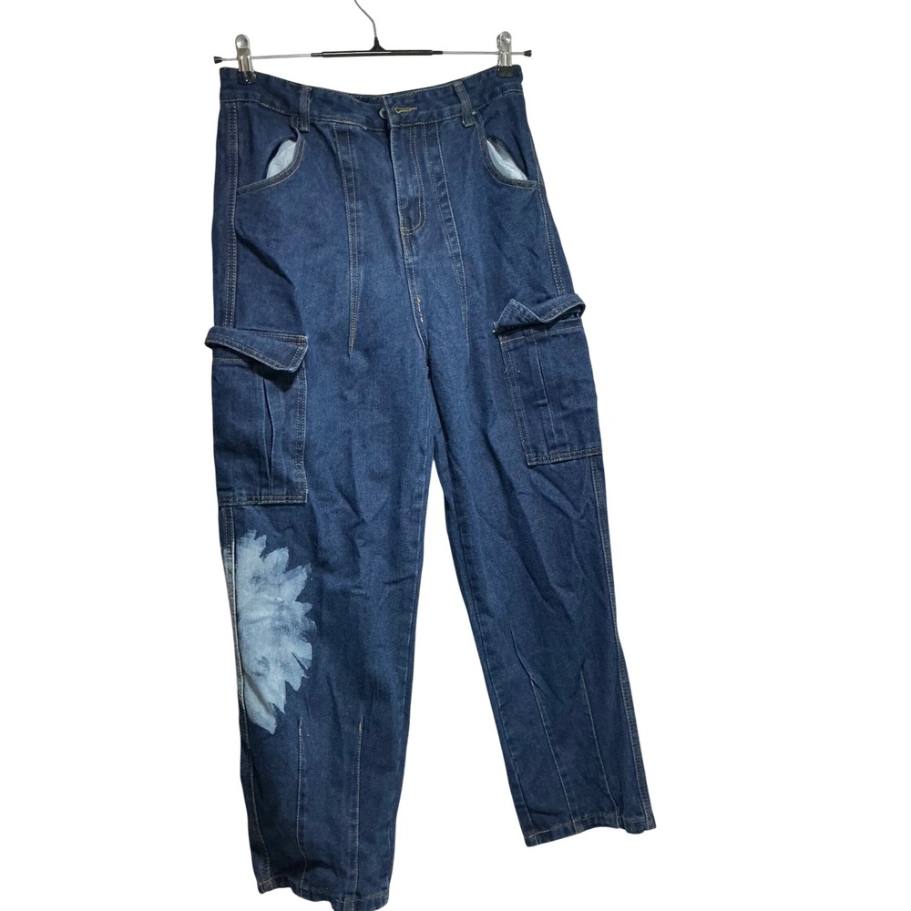 Unbranded Dark Wash Cargo Denim Jeans Bleached Floral Graphic XL Streetwear